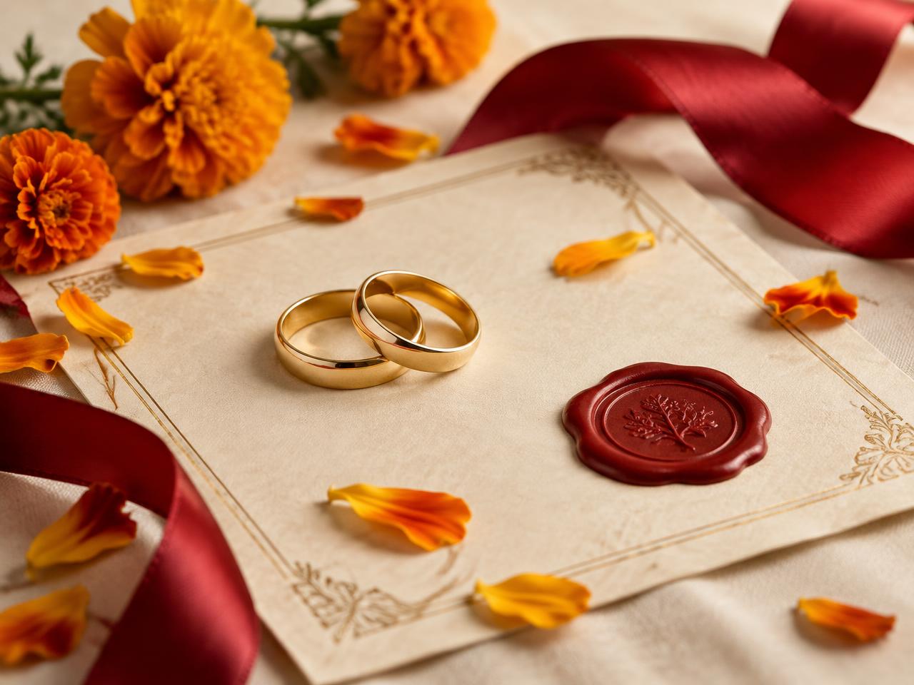 Two gold wedding rings resting on a sealed marriage certificate with marigold petals